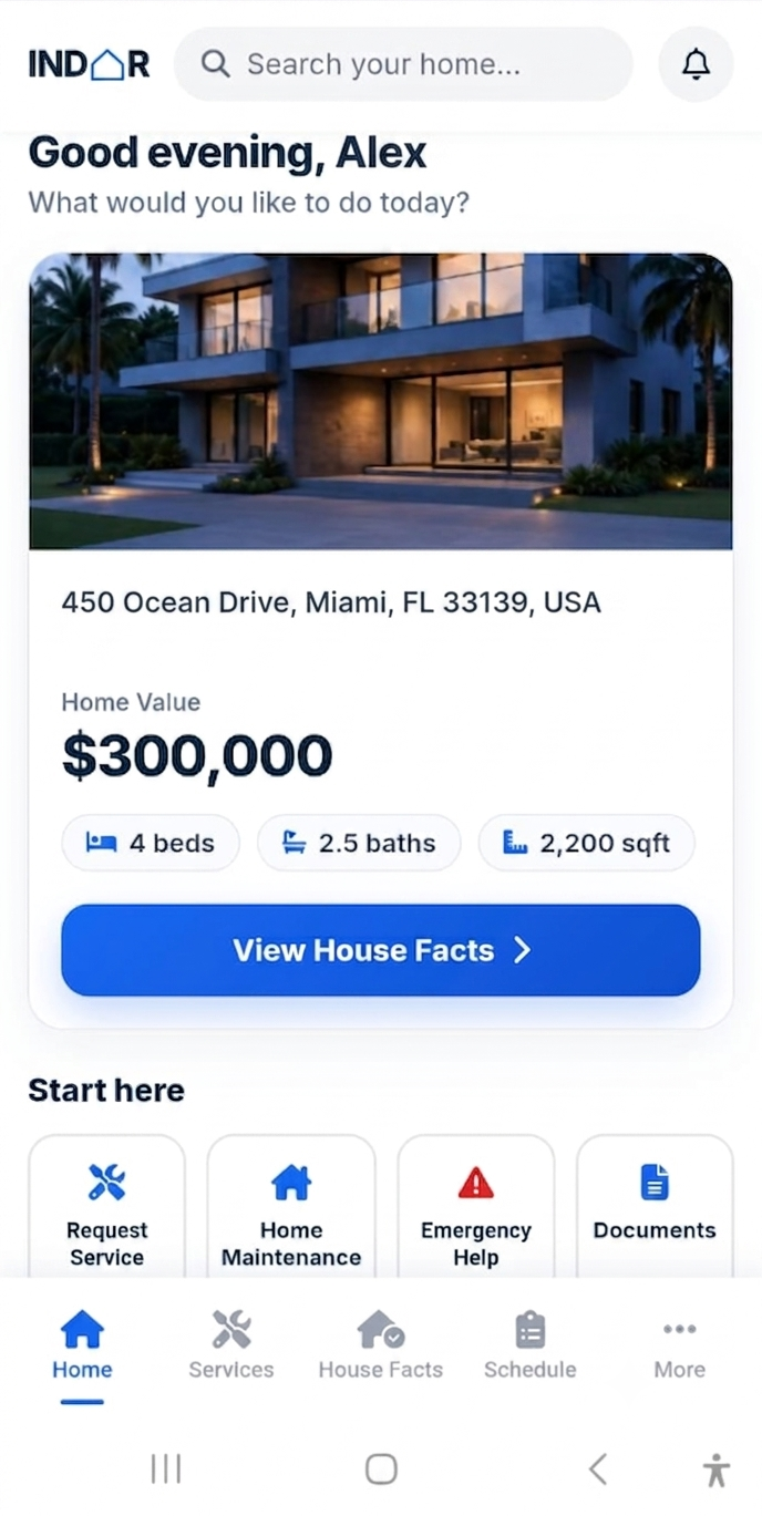Indor home dashboard showing property details, home value, and quick actions